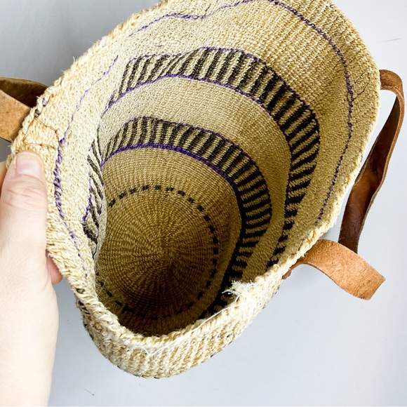Woven Straw Tote Natural Stripe Leather Handle Market Bag - Picture 6 of 7
